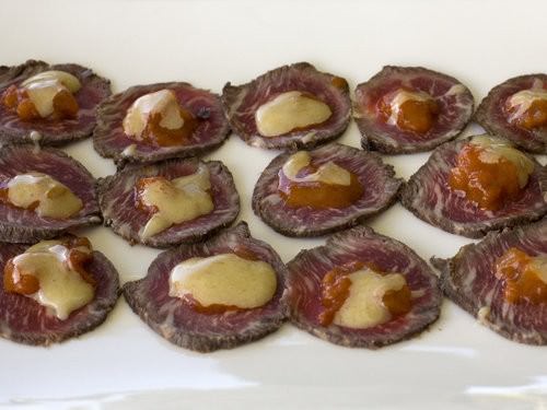 Carpaccio Wagyu with smoky tomato and aoili