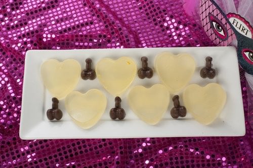 Heart jelly shots and chcolate penis
