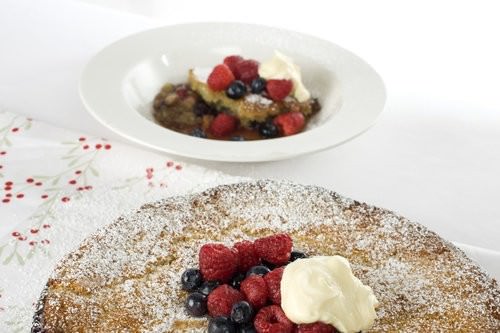 Raspberry and blueberry self saucing pudding