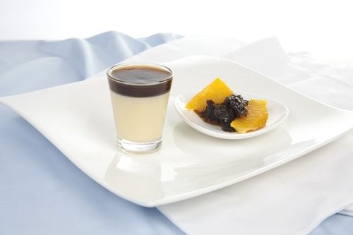 White Chocolate Panna Cotta w Prune Juice Jelly and brandied fruit
