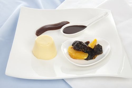 White Chocolate Panna cotta with Prune Juice jelly and Brandied Fruit