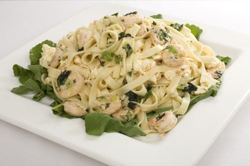 Marinated feta with garlic prawn fettuccini