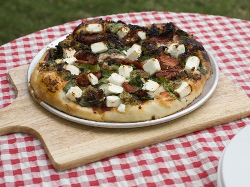 Pesto Spinach Feta and Sun-dried Tomato Gourmet Pizza