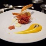 Grant Burge Gala Dinner Seared Prawn and carrot puree w pickled salad & wasabi aioli.