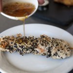 Sesame crusted swordfish and prawn skewers