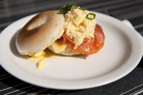 Retro Cafe Scrambled Eggs and Smoked Salmon Bagel