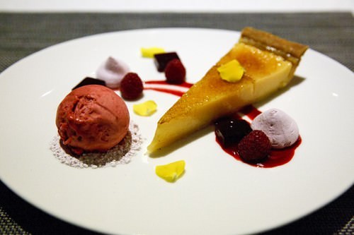 Caramelised Lemon Tart w Textures of Raspberry