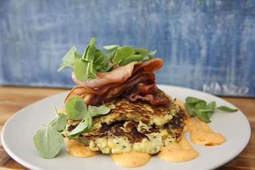Zucchini Corn Hotcakes w Bacon