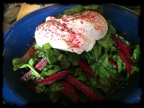 Smoked Salmon & Raw Beetroot Salad w Poached Egg