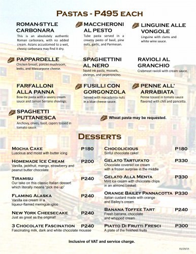 Palermo Restaurant Menu - Pastas and Desserts