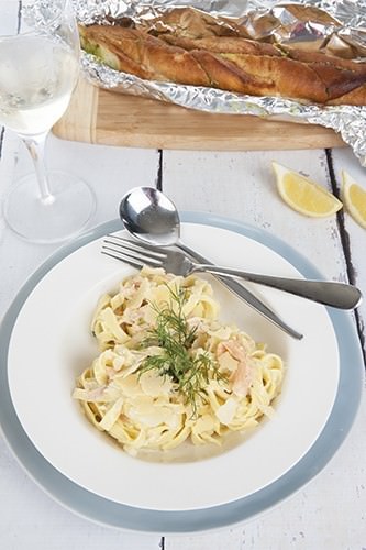 Salmon Fettuccine w garlic Bread & Sparkling Wine