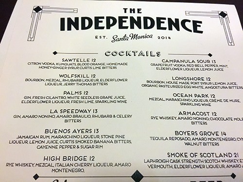 The Independence Tavern in Santa Monica Cocktail Menu
