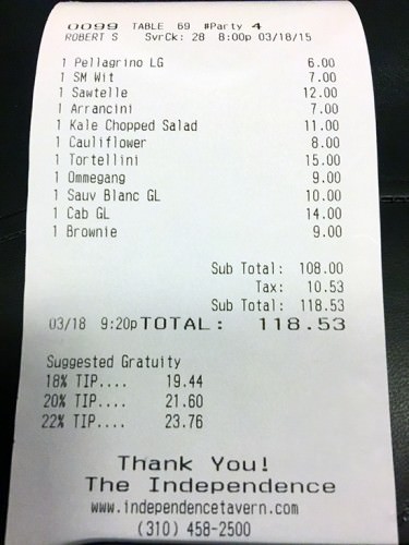 The Independence Tavern bill with tipping suggestions