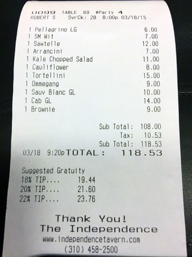 The Independence Tavern bill with tipping suggestions The Independence Tavern bill with tipping suggestions