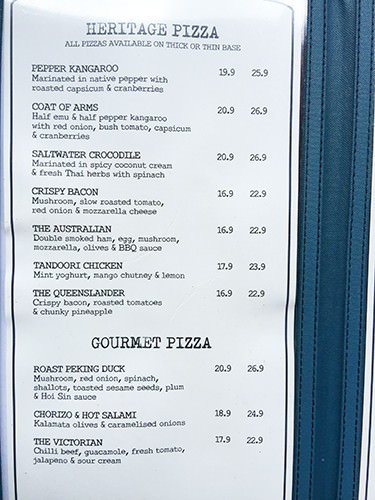 The Australian Heritage Hotel Menu