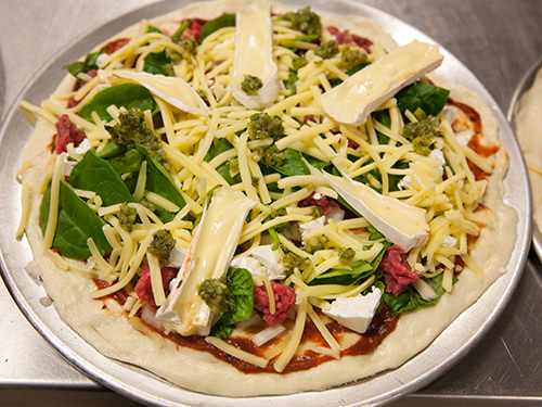 Basil Pesto, Feta and Beef Pizza