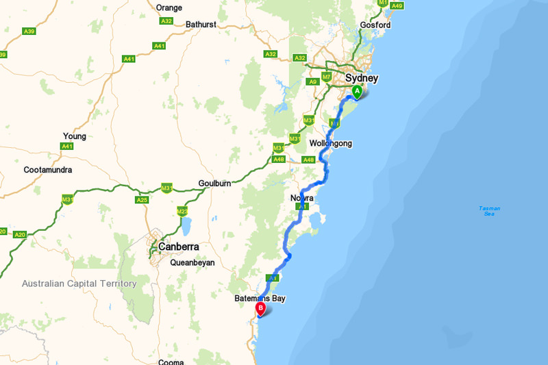 Map Sydney to Broulee via the Princes Highway