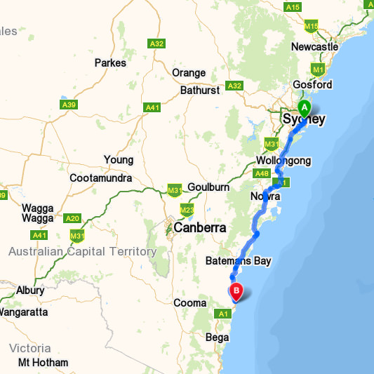 Map of driving directions Sydney to Narooma
